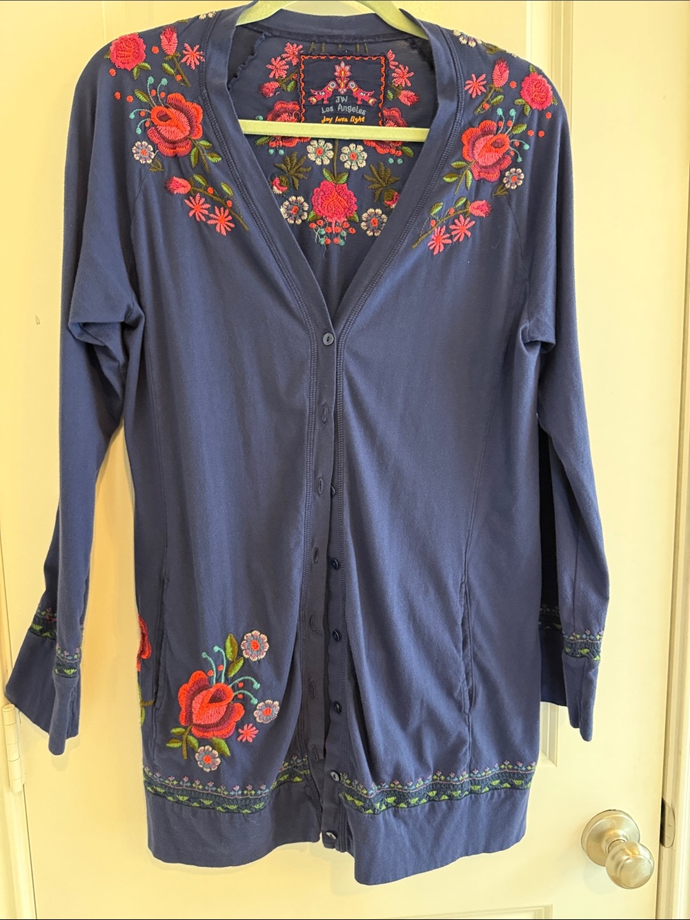 Johnny Was Navy Blue Cardigan with Pink & Red Floral Embroidery